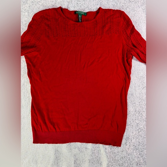 Lauren Ralph Lauren Red Pointelle Knit Sweater L 100% Cotton Blend Long Sleeve - Picture 5 of 14